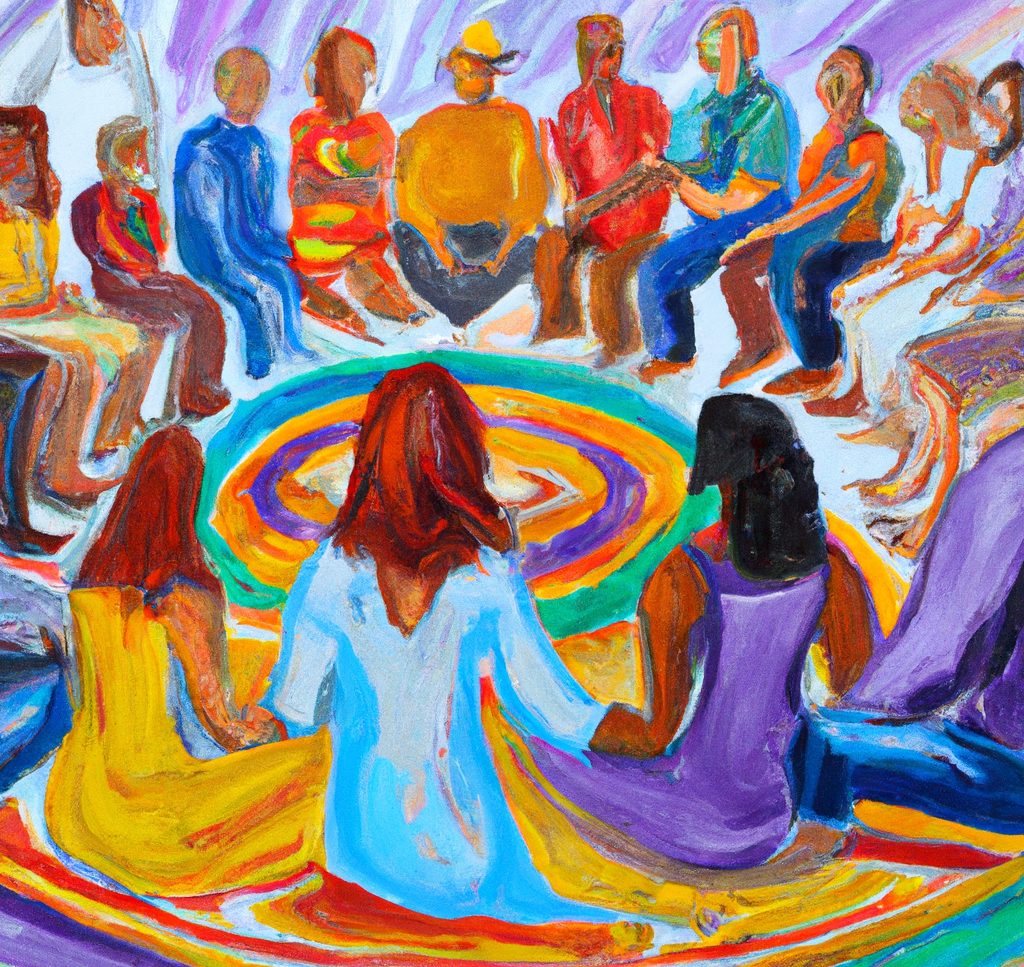 Decorative: an oil painting of a diverse group of people sitting in a circle